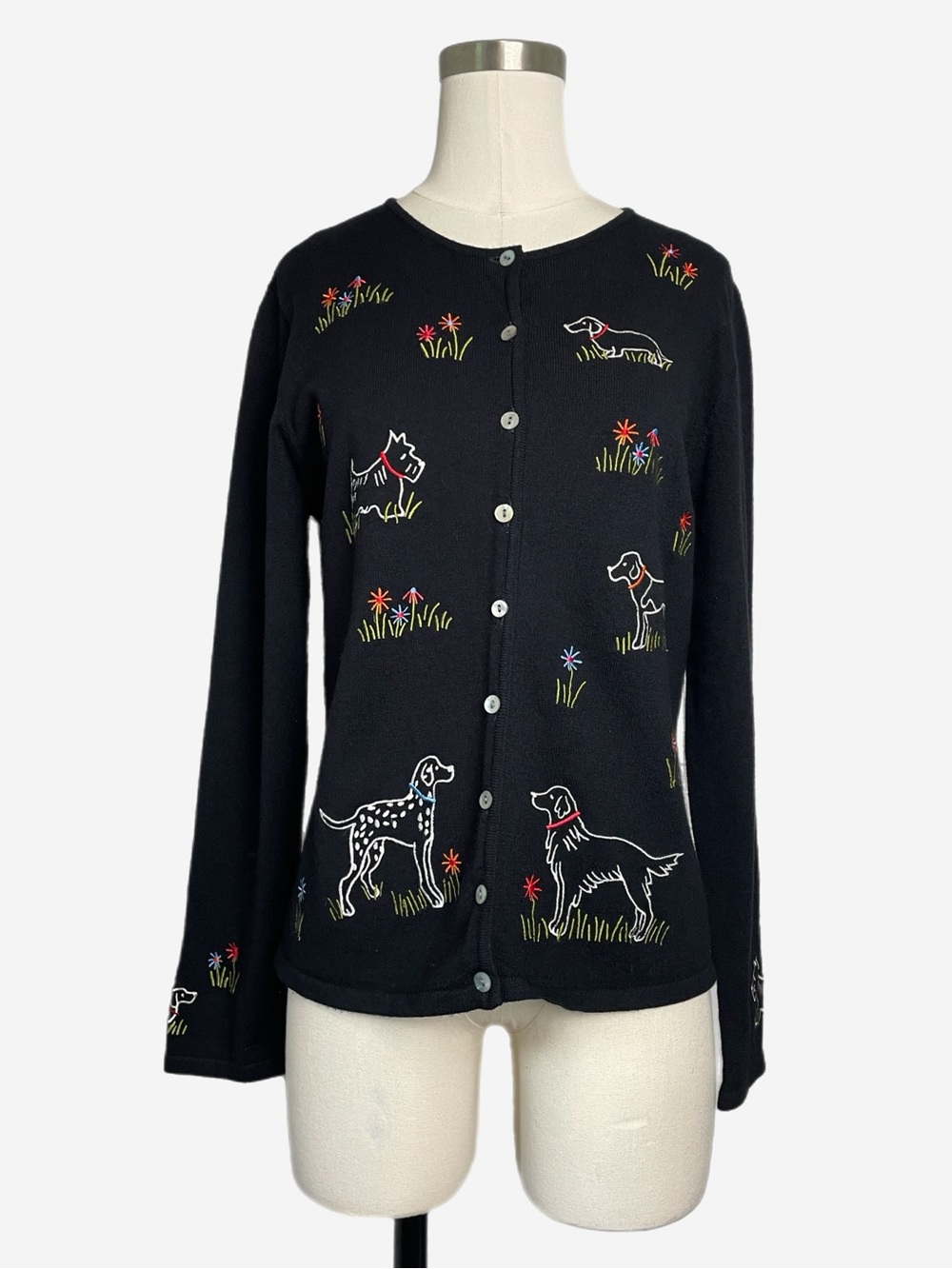Northern Isles Black embroidered dog flower cardigan folksy eclectic hipster M